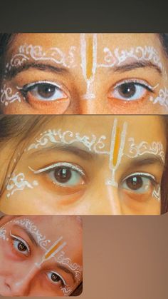 #radha #chandan #eyes #sanatani #hindu #diy Radha Rani Face Painting Art, Radha Dots, Radha Rani Eye Makeup, Gopi Chandan Tilak, Mathura Aesthetic, Radha Makeup Look, Radha Rani Makeup, Radha Look