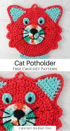 two crocheted cat potholders with the words, free crochet pattern