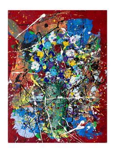 an abstract painting with lots of paint splattered on it's red background