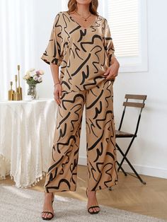 2pcs Plus Size Women Summer Striped Print V-Neck Batwing Blouse And High Waist Drawstring Pants Casual Set Khaki Casual    Colorblock,Graphic,All Over Print,Textured Pattern  Non-Stretch  Women Plus Clothing, size features are:Bust: ,Length: ,Sleeve Length: Two-piece V-neck Pant Set, Stretch Two-piece V-neck Set, Stretch V-neck Two-piece Set, Two-piece V-neck Stretch Set, Casual Two-piece V-neck Set, Two-piece V-neck Pant Set For Spring, Non-stretch V-neck Sets For Spring, Spring V-neck Non-stretch Sets, Batwing Sleeve Top