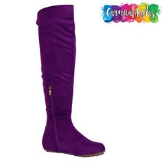 Strut Down The Streets With These Sleek Colorful Boots! Material: Vegan Suede Zipper Entry Shaft Measures: 21" Circumference Measures: 17” Unique Comfort Outer Sole Cushioned Innersole We’ve Made These Boots With Comfort In Mind. Made For All-Day Wear! Casual Purple Boots For Fall, Purple Knee-high Party Boots, Trendy Purple Winter Boots, Trendy Purple Boots For Fall, Tan Riding Boots, Colorful Boots, Pearl Boots, Thigh High Stiletto Boots, Womens Thigh High Boots