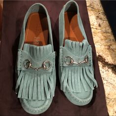 Men’s Gucci Bit Loafers In A Light Mintish Color. First 3 Pics Are True To Color. Brand New. Size 9. Silver Hardware With Fringe Layover! Retails $840+ Tax Gucci Designer Tassel Loafers With Round Toe, Gucci Suede Loafers With Leather Sole, Gucci Suede Formal Loafers, Gucci Suede Loafers For Formal Occasions, Designer Tassel Loafers With Round Toe, Gucci Loafers, Shoes Gucci, Bit Loafers, Gucci Shoes