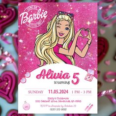 a barbie birthday party flyer with pink hearts