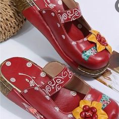 Tribal Leather Flower Wood Mule Clogs. Multi Red Colors. Size 8, Never Used. Originally $100 Retro Spring Mules With Round Toe, Spring Retro Mules With Round Toe, Spring Retro Round Toe Mules, Retro Round Toe Mules For Spring, Casual Red Summer Mules, Retro Spring Clogs With Round Toe, Retro Red Sandals With Round Toe, Spring Retro Round Toe Clogs, Retro Round Toe Clogs For Spring