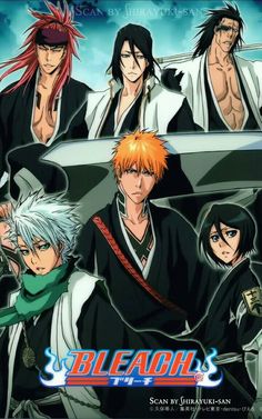 an anime movie poster with many characters in black and white outfits, all holding swords