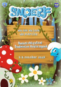 an advertisement for the smeef event in front of a wooden sign with flowers and mushrooms