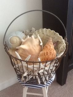 a basket filled with seashells sitting on top of a floor