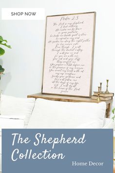 the shepherd collection is on display in front of a white couch with pillows and plants