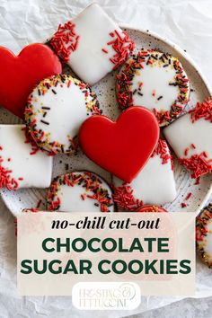 no - chill cut out chocolate sugar cookies with sprinkles on a plate