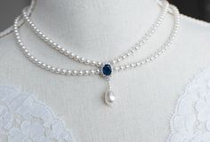 Vintage Romantic Style Blue Sapphire Necklace Wedding Pearl - Etsy Canada Pearl Necklace With Blue Stone, Sapphire Wedding Necklace, Pearl And Sapphire Necklace, Vintage Royal Jewelry, Sapphire Necklace Wedding, Sapphire And Pearl Necklace, Blue Pearl Necklace, White Sapphire Necklace, Blue Choker Necklace