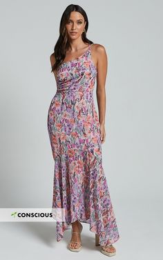 Valentina Midi Dress - One Shoulder Mermaid Dress in Monet Floral | Showpo USA Pink Floral One Shoulder Dress, Fitted One Shoulder Dress With Floral Print For Evening, Feminine Fitted One-shoulder Maxi Dress, Spring Pink Mermaid Dress, Feminine One Shoulder Floral Print Maxi Dress, Party Maxi Dress With Floral Print And Asymmetrical Neckline, Feminine One-shoulder Floral Maxi Dress, Fitted Maxi Dress With Floral Print And Asymmetrical Neckline, One-shoulder Floral Print Prom Dress