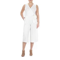 A faux-wrap bodice and wide-leg give this women's Nina Leonard jumpsuit a chic, warm-weather look. Faux-wrap bodiceSurplice necklineSleevelessPleated details2 pocketsSide-tie sashWrinkle-resistant fabric blendFIT & SIZING47-in. approximate overall lengthWide-leg cutFABRIC & CAREPolyester, spandexMachine washImported Size: X Large. Color: Natural. Gender: female. Age Group: adult. Material: Poly Blend. Chic Jumpsuit With Surplice Neckline For Spring, Chic Spring Jumpsuits With Surplice Neckline, Chic Spring Jumpsuits And Rompers With Surplice Neckline, White V-neck Jumpsuit With Tie Waist, Spring Workwear Jumpsuit With Surplice Neckline, Chic White Jumpsuit With Tie Waist, Elegant Spring Jumpsuits And Rompers With Surplice Neckline, Elegant Jumpsuits And Rompers With Surplice Neckline For Spring, Capri Jumpsuit