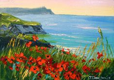 an oil painting of red flowers by the ocean