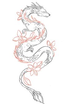 a drawing of a dragon with flowers on it's tail and head, in red ink