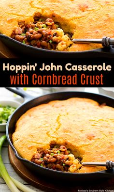 two images show the inside of a cornbread casserole with meat and vegetables