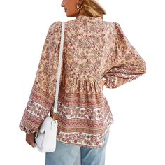 Khaki Bohemia Print Button V Neck Long Sleeve Blouse Casual Floral Print Peasant Top With Lantern Sleeves, Casual Peasant Top With Floral Print And Lantern Sleeves, Bohemian Printed Button-up Top, Casual Lantern Sleeve Blouse With Buttons, Casual Blouse With Lantern Sleeves And Button Closure, Casual Lantern Sleeve Blouse With Button Closure, Bohemian Multicolor Blouse With Buttons, Beige Button-up Blouse With Floral Print, Beige Floral Print Button-up Blouse