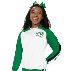 Poly Full-Zip Warm-Up Jacket Sporty Long Sleeve Varsity Jacket With Zipper, Green Sports Outerwear With Zipper Closure, Sporty Zipper Closure Outerwear For College, Sporty Outerwear With Zipper Closure For College, Sporty College Outerwear With Zipper Closure, Cheer Jackets, Cheerleading Practice, Dance Jackets, Track Jackets