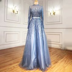 Blue A-Line Muslim Evening Dress 2024: Luxury Beaded Crystal Elegant Evening Gown, Muslim Evening Dresses, Evening Gowns Elegant, Dress 2024, Color Complement, For Your Party, Muslim Women, Ladies Party, British Indian