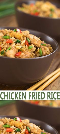 chicken fried rice in a black bowl with chopsticks on the side and green onions