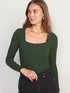 Long-Sleeve Square-Neck Rib-Knit Bodysuit for Women | Old Navy Square Neck Line Top, Body Suit Long Sleeve Outfit, Green Long Sleeve Shirt Outfit, Square Neck Top Outfit, Green Long Sleeve Outfit, Green Bodysuit Outfit, Long Sleeve Bodysuit Outfit, Cute Long Sleeve Tops, Dc Outfits