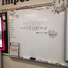 a whiteboard with writing on it in front of a bulletin board that says, what's friday?