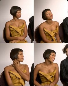 four different pictures of a woman in a yellow dress with her hand on her neck