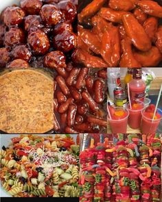 many different foods and drinks are shown in this collage, including hotdogs