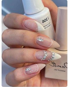 Beige Nails Design, Beige Nails, Nails Design With Rhinestones, Her Nails, Gem Nails, Diamond Nails, Oval Nails, Elegant Nails, Bridal Nails