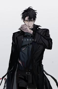 an anime character with black hair and glasses holding his hands to his face while standing in front of a white background