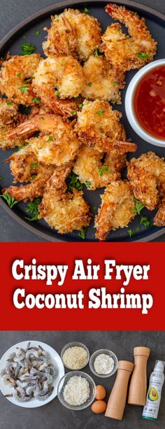 crispy air fryer coconut shrimp recipe on a plate with dipping sauce and seasonings