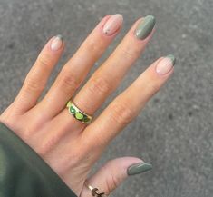 Khaki Nails Acrylic, Khaki Nail Designs, Khaki Green Nails, Khaki Nails, Round Nail Designs, Board Party, Subtle Nails, Geometric Nail