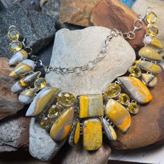 Beautifully Hand Crafted High Statement Necklace With 16 Good Sized Bumblebee Jasper Stones And 12 Citrine Stones. The Overall Length Is 20" With A S Hook Clasp. 925 Silver Overlay. Price Is Firm Discounts Apply For Bundles Cheap Statement Necklaces With Large Beads, Affordable Large Beads Statement Jewelry, Chunky Jewelry Necklace Folksy, Gray Beaded Necklace, Ivory Necklace, Swarovski Pearl Necklace, Czech Glass Necklace, Hand Beaded Necklace, Upcycled Vintage Jewelry