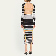 CHRISTOPHER JOHN ROGERS multi-striped rib-knit dress  High round neckline Long sleeves Open back  Hem falls below the knee Bodycon fit Slipover style  Viscose/nylon/polyamide/elastane Dry clean Imported Christopher John Rogers Target, Chic Striped Stretch Mini Dress, Christopher John Rogers Dress, Fitted Striped Ribbed Midi Dress, Multicolor Knit Stretch Dress, Striped Ribbed Fitted Midi Dress, Chic Striped Fitted Sweater Dress, Striped Ribbed Fitted Bodycon Dress, Long Sleeve Backless Dress