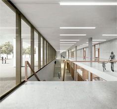 an architectural rendering of a hallway with people walking up and down the length of it