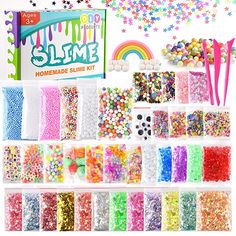 the slime kit is filled with colorful beads and sprinkles