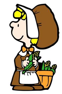 a cartoon girl with corn on the cob in her hand and wearing an apron