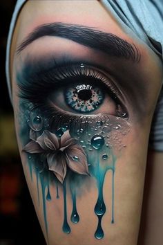 a woman's arm with an eye and flowers on it, as well as water droplets