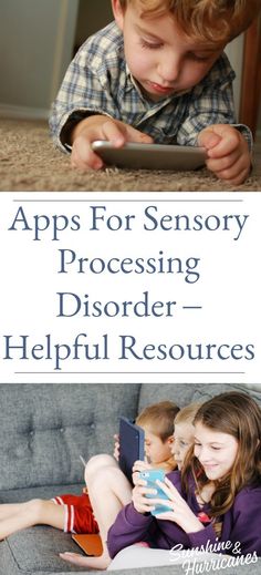 two children sitting on a couch looking at an electronic device with the words apps for sensory processing disorder - helpful resources