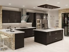 a modern kitchen with an island and wine rack