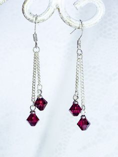 Cynthia Lynn "DAZZLE DROPS" Sterling Silver Deep Red Swarovski Crystal Drop Earrings - 15 other colors available!  1.75 inches. Includes drawstring gift bag or box. Hypoallergenic hooks also available. Hypoallergenic Crystal Earrings For Party, Red Beaded Drop Crystal Earrings, Red Teardrop Earrings With Dangling Beads, Red Handmade Crystal Dangle Earrings, Red Sterling Silver Drop Crystal Earrings, Red Sterling Silver Dangle Crystal Earrings, Swarovski Crystal Drop Earrings, Drawstring Gift Bag, Crystal Drop Earrings