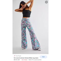 For Love & Lemons Floral Tamara Wide Leg Jeans Size M Nwt. K-5 Style No. 63218333; Color Code: Statement-Making And Femme In Floral, These Need-Now Jeans From For Love & Lemons Are Featured In A High-Rise, Flared Silhouette And Wide Leg Design And Stretch Denim Fabrication. Zip-Fly And Hidden Hook Closure Four Pocket Design Belt Loops At Waistband Care/Import Dry Clean Brand New Items 100% Authentic Line Through Name Tags (Inside Tag) Only Done To Prevent Store Returns Floral Denim Pants, Neon Pants, Lemon Pants, Tropical Romper, Dusty Pink Dresses, Bell Sleeve Romper, Purple Fits, Jeans Free People, Purple Floral Print