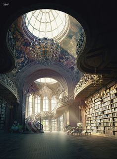 a large room with many bookshelves and chandelier in it's center