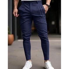 Season:Spring   Fall; Fabric:Cotton Blend; Gender:Men's; Style:Fashion,Streetwear; Elasticity:Micro-elastic; Occasion:Daily,Going out,Outdoor; Fit Type:Regular Fit; Function:Soft,Comfort; Waistline:Mid Waist; Pattern:Plain; Design:Pocket,Elastic Waist,Pleats; Pants Type:Chinos,Trousers,Casual Pants,Chino Pants; Fly Type:Zipper,Button; Front page:FF; Listing Date:10/17/2024; Pants Length:Full Length Blue Slim Fit Casual Pants, Casual Blue Slim Fit Pants, Casual Slim Fit Solid Color Bottoms, Casual Slim Fit Blue Bottoms, Casual Solid Color Slim Fit Bottoms, Navy Fitted Pants For Summer, Stretch Tapered Leg Bottoms, Blue Slim Fit Casual Dress Pants, Slim Fit Blue Bottoms For Summer