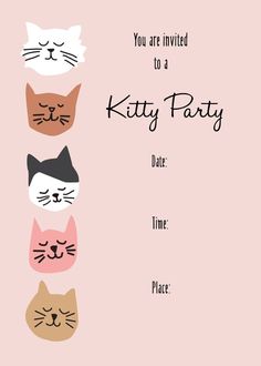 a party card with cats on it and the words, you are invited to a kitty party