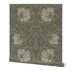 an intricately designed wallpaper with flowers and leaves in green, beige and white