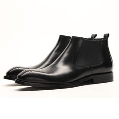 elevate your style with our meticulously crafted handmade men's leather chelsea boots. experience the perfect blend of timeless design, premium materials, and exceptional comfort. shop now and step into sophistication. Leather Chelsea Boots With Plain Toe For Business Casual, Luxury Chelsea Boots With Round Toe For Business, Leather Sole Chelsea Ankle Boots For Business, Formal Chelsea Ankle Boots With Brogue Detailing, Fall Wingtip Chelsea Boots With Leather Lining, Business Chelsea Ankle Boots With Leather Sole, Formal Chelsea Boots With Brogue Detailing, Elegant Chelsea Boots With Leather Sole For Work, Masculine Leather Chelsea Boots With Moc Toe