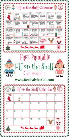 a christmas calendar with elfs on it and the words free printable elf in the shelf