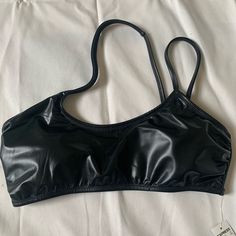 Nwt Express Shiny Vegan Leather Bikini Top In Size Medium Sleek Black Swimwear For Club, Black Bandeau Swimwear For Night Out, Sleek Bra-friendly Triangle Top Swimwear, Bra-friendly Black Elastane Swimwear, Pride 2024, Black Bra-friendly Triangle Top Swimwear, Black Swimwear With Built-in Bra And Micro-elastic Fit, Micro-elastic Triangle Top Swimwear, Black Vegan