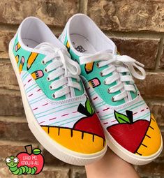 Adult Hand-Painted School Supply Shoes, Cute Student & Teacher Gift, School Shoes, Christmas Teacher Gift Idea, Personalized, Holiday Gifts Each of our school shoes are hand-painted and made to order so minor flaws and variations are expected from shoe to shoe.  Personalization is available but space is very limited. Please keep to a 10-character maximum including title (Mrs., Ms., Miss.). For longer names, send me a message and we can brainstorm the best solution! Shoes are sealed with an acrylic sealer to help ensure longevity of your shoes. HOW TO ORDER 1. Choose your desired size from the drop-down menu If you need personalization, please choose the listing in the drop-down menu with personalization size and include the name in the personalization box 2. Choose the quantity you would l Pencil Shoes, Teacher Shoes, Painting Teacher, Teachers Room, Painted Canvas Shoes, Cute Teacher Gifts, Student Teacher Gifts, Graduating Teacher, Custom Painted Shoes