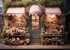 a flower shop with pink and white flowers on the front windows, potted plants outside